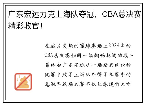 广东宏远力克上海队夺冠，CBA总决赛精彩收官！